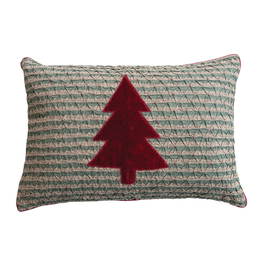 Woven Smocked Lumbar Pillow with Appliqued Velvet Treey & Velvet Piping