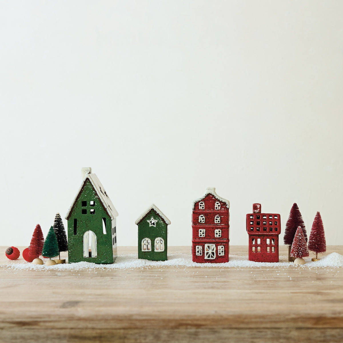 Hand-Painted Ceramic House Shaped Tealight Holders, Set of 4
