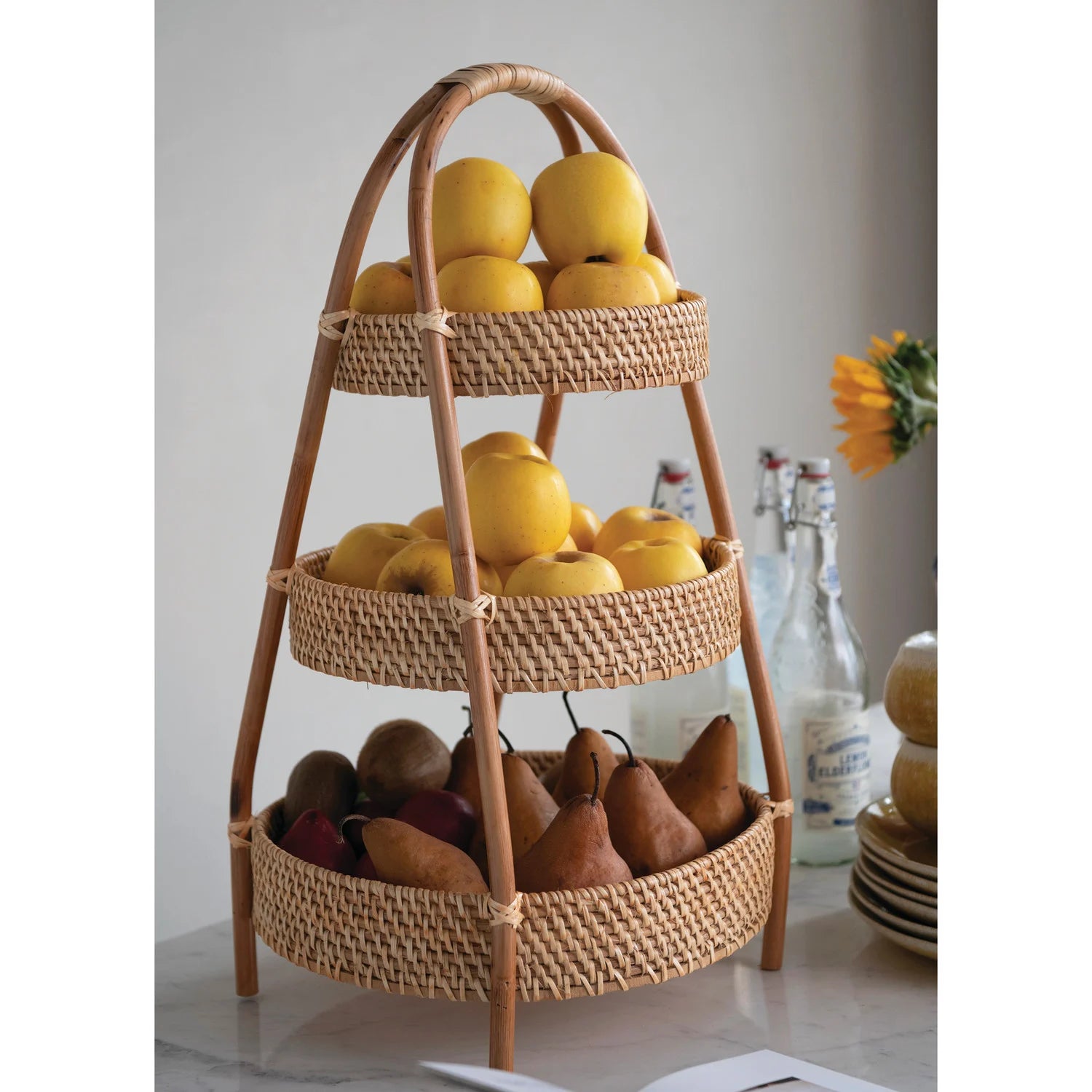 Hand-Woven Rattan & Bamboo 3-Tier etagère with Handle