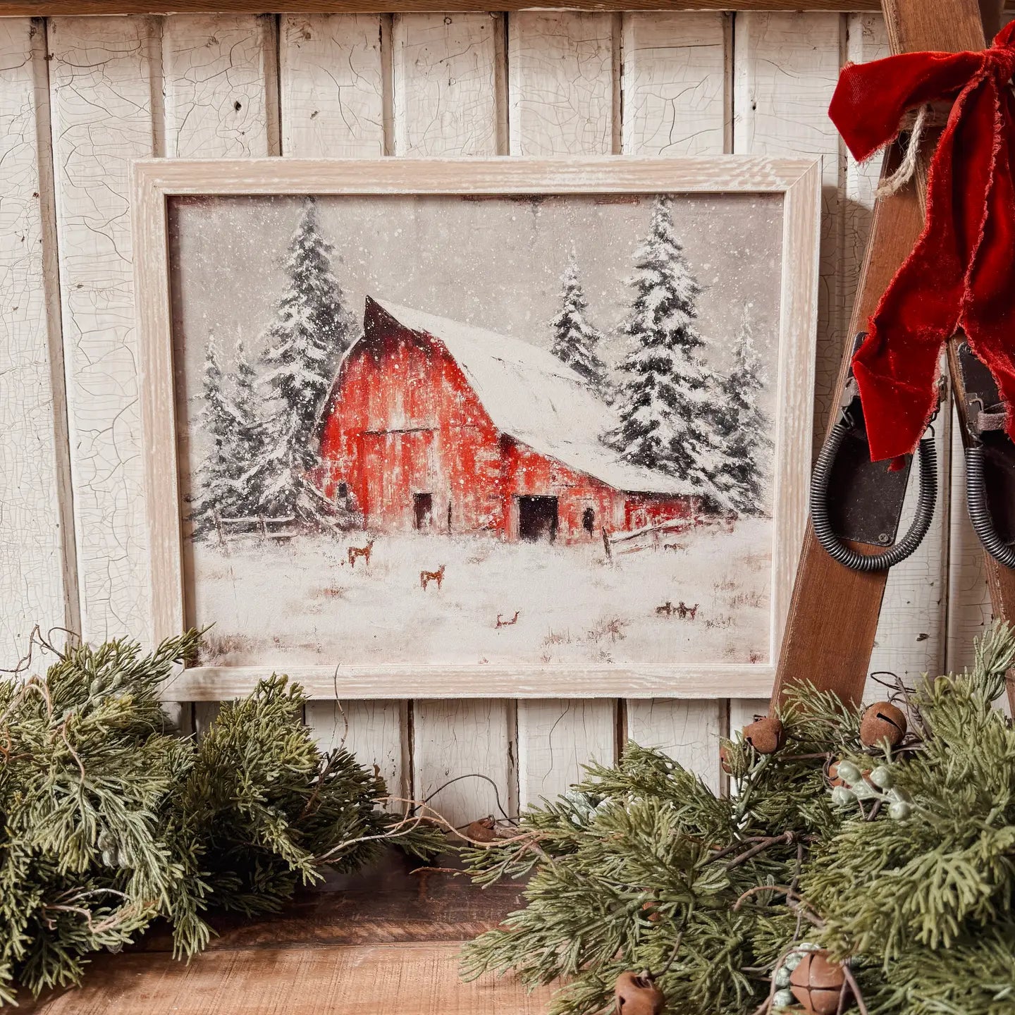 Red Barn in Winter Wood Sign