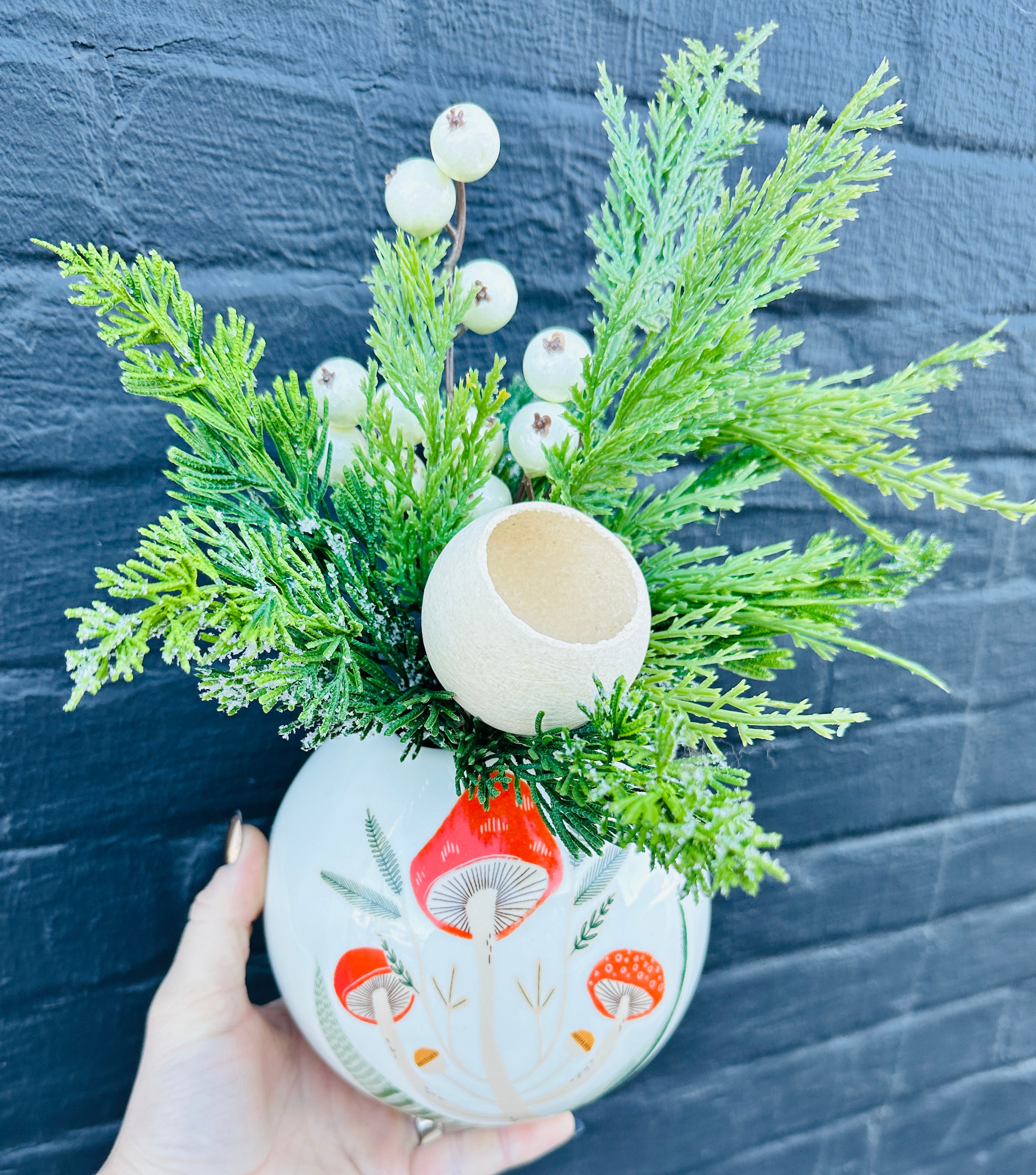 Round Mushroom Vase with Silks