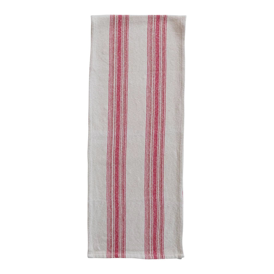 Woven Cotton Flour Sack Table Runner with Stripes, Natural & Red