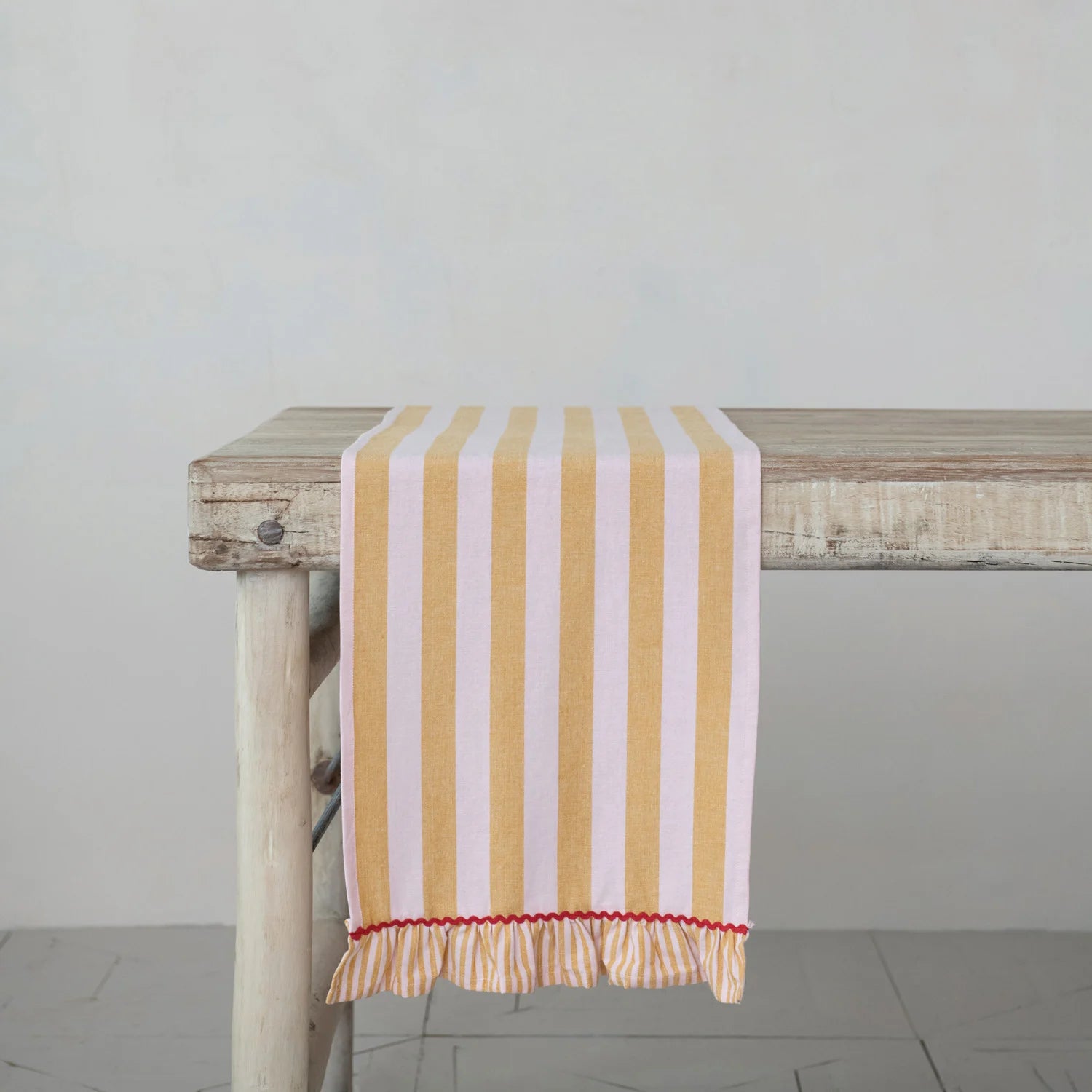 Woven Cotton Striped Table Runner w/ Ruffle & Ric Rac Trim