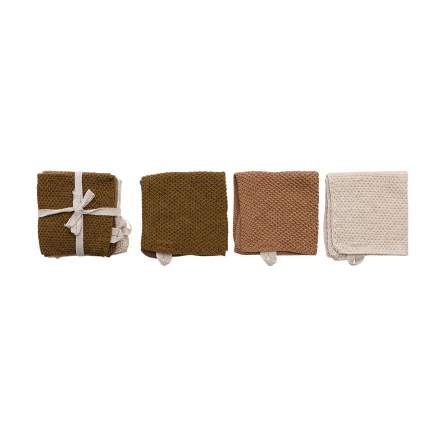 Cotton Knit Dish Cloths, Set of 3 Tied w/ Cotton Tape