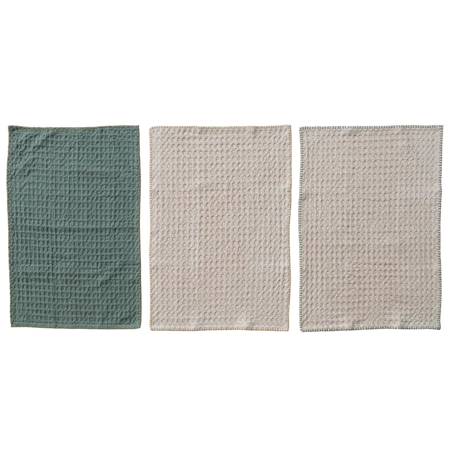 Waffle Weave Tea Towels, Set of 3 Tied with Jute Tape & Wood Beads