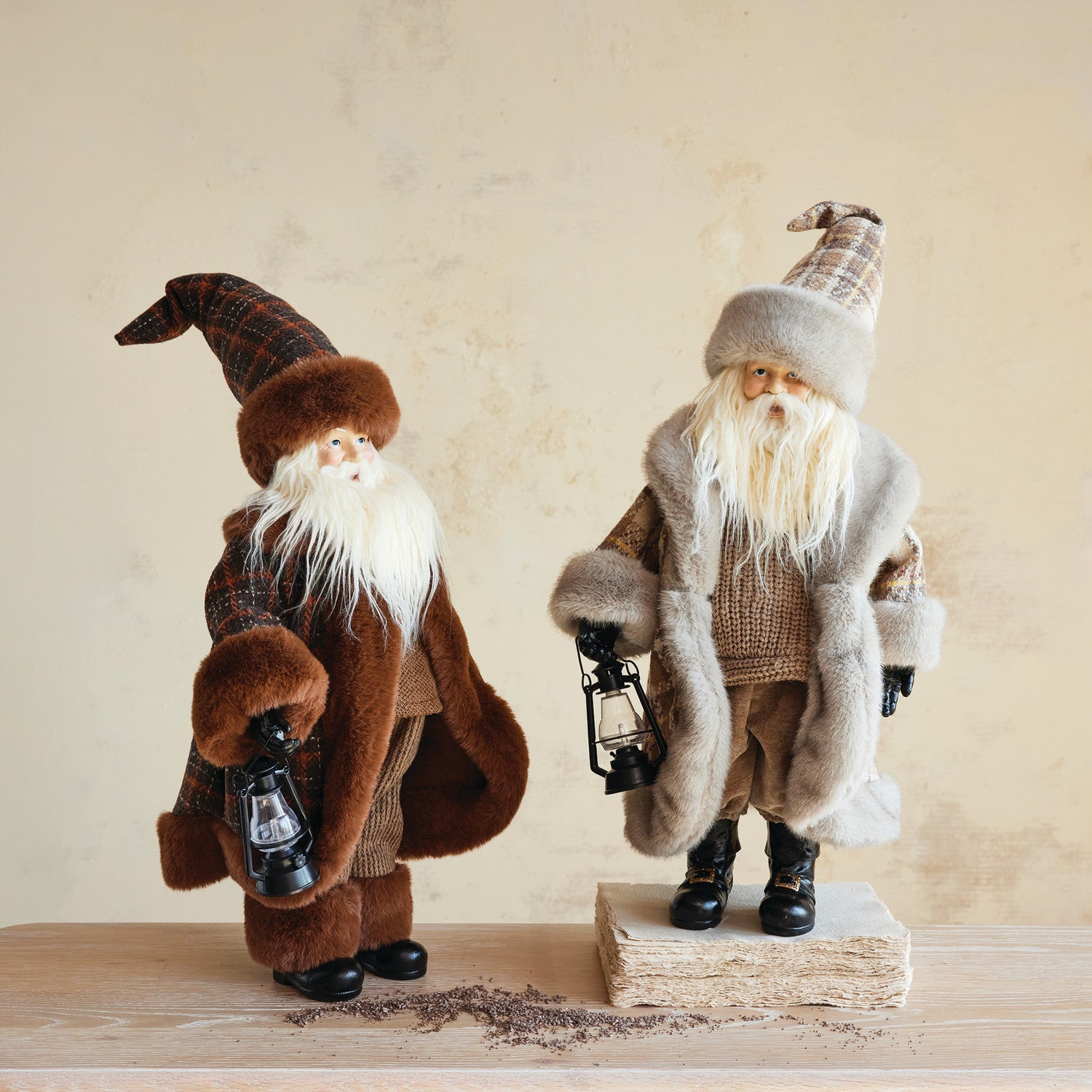 Faux Fur Fabric & Resin Santa with Lantern