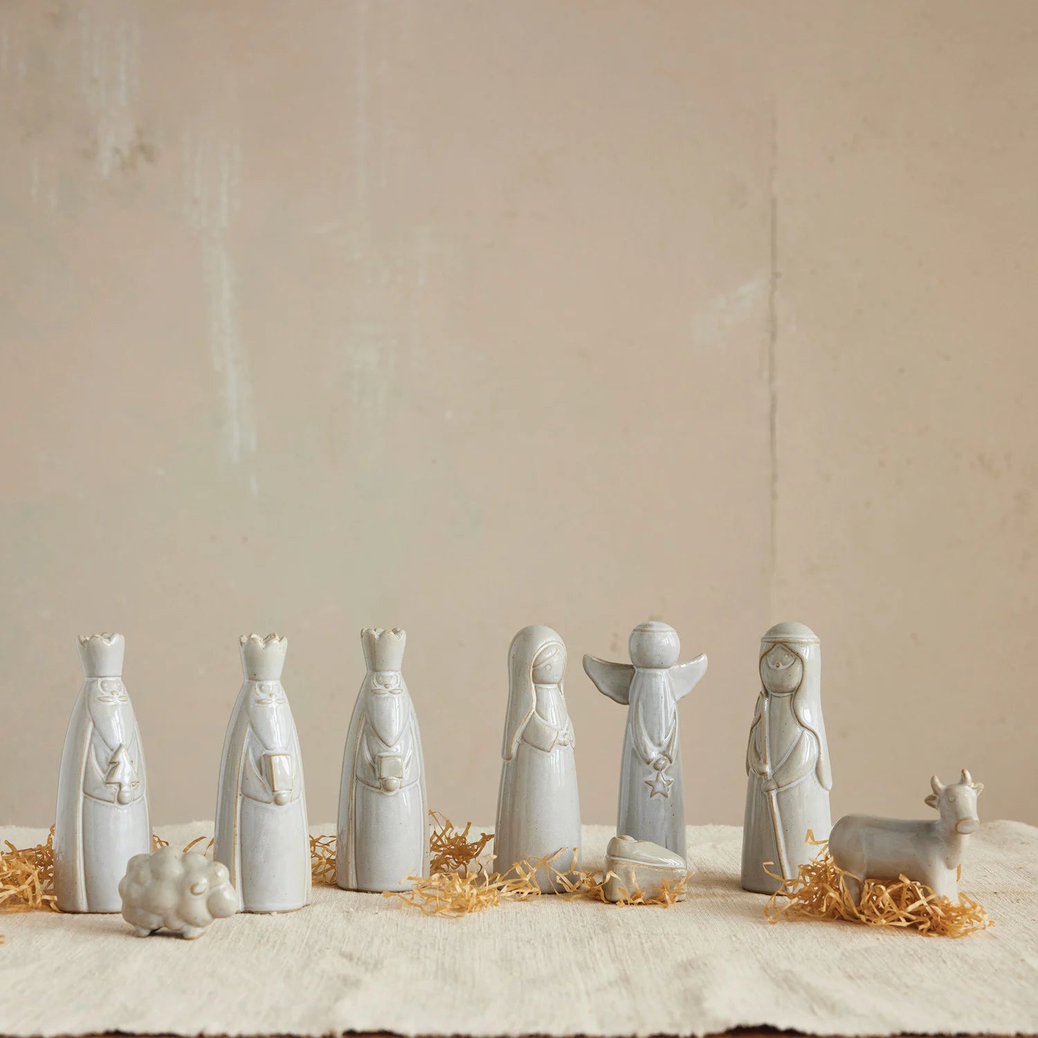 Stoneware Nativity Set, Reactive Glaze, White, Set of 9