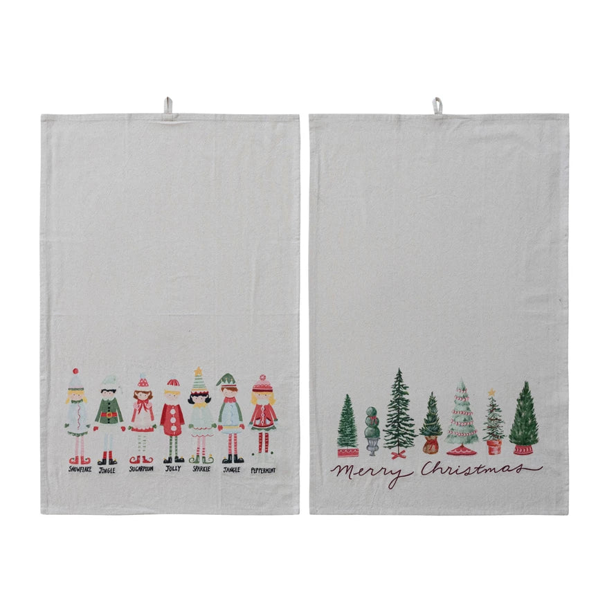 Cotton Printed Tea Towel with Trees/Elves