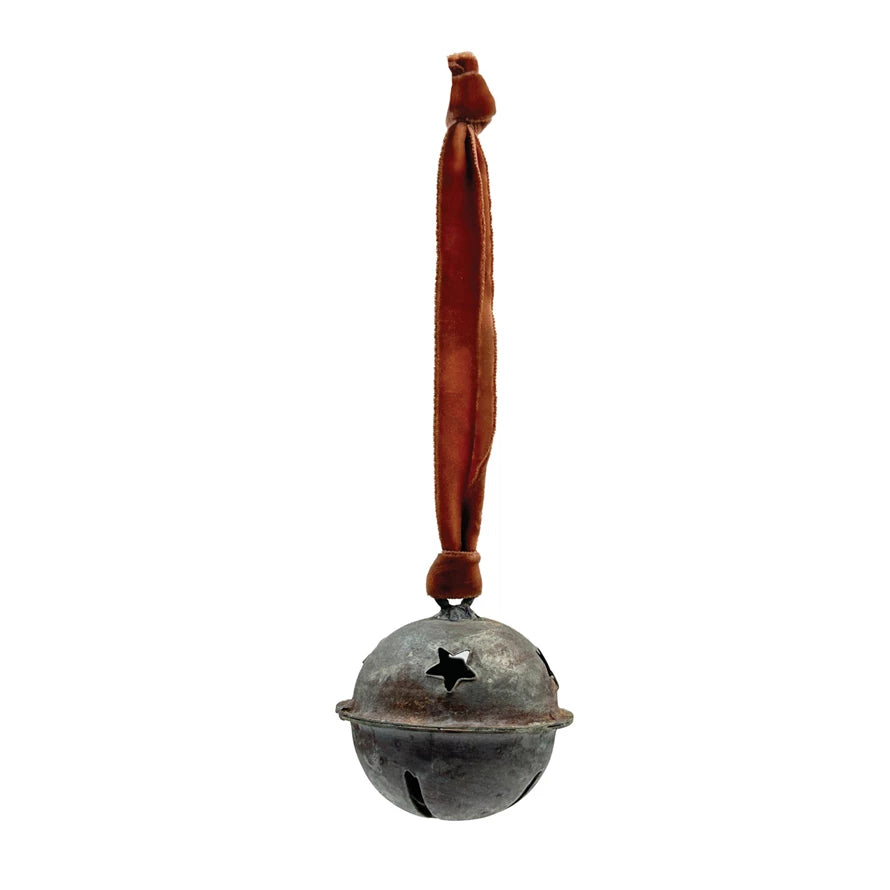 Metal Jingle Bell Ornament with Rose Color Velvet Ribbon Hanger