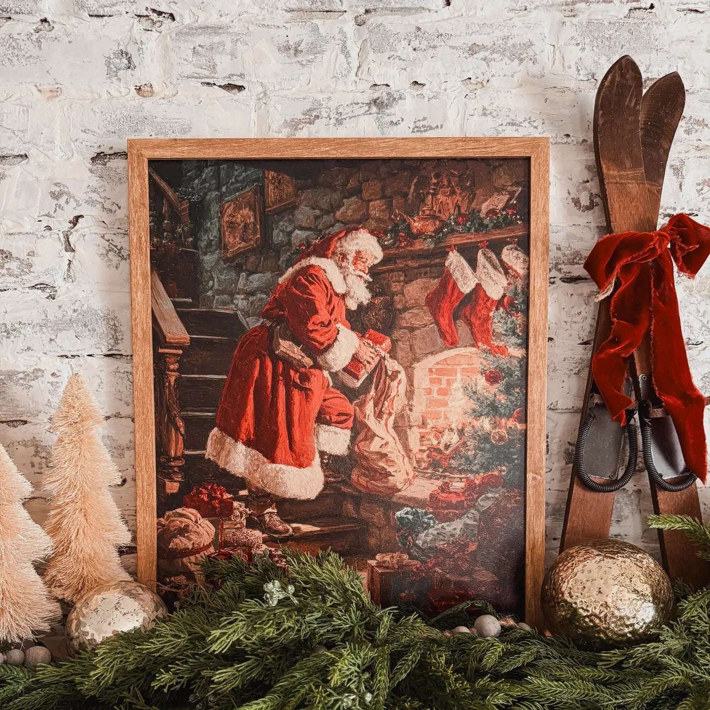 Retro Santa By Fireplace Wood Sign