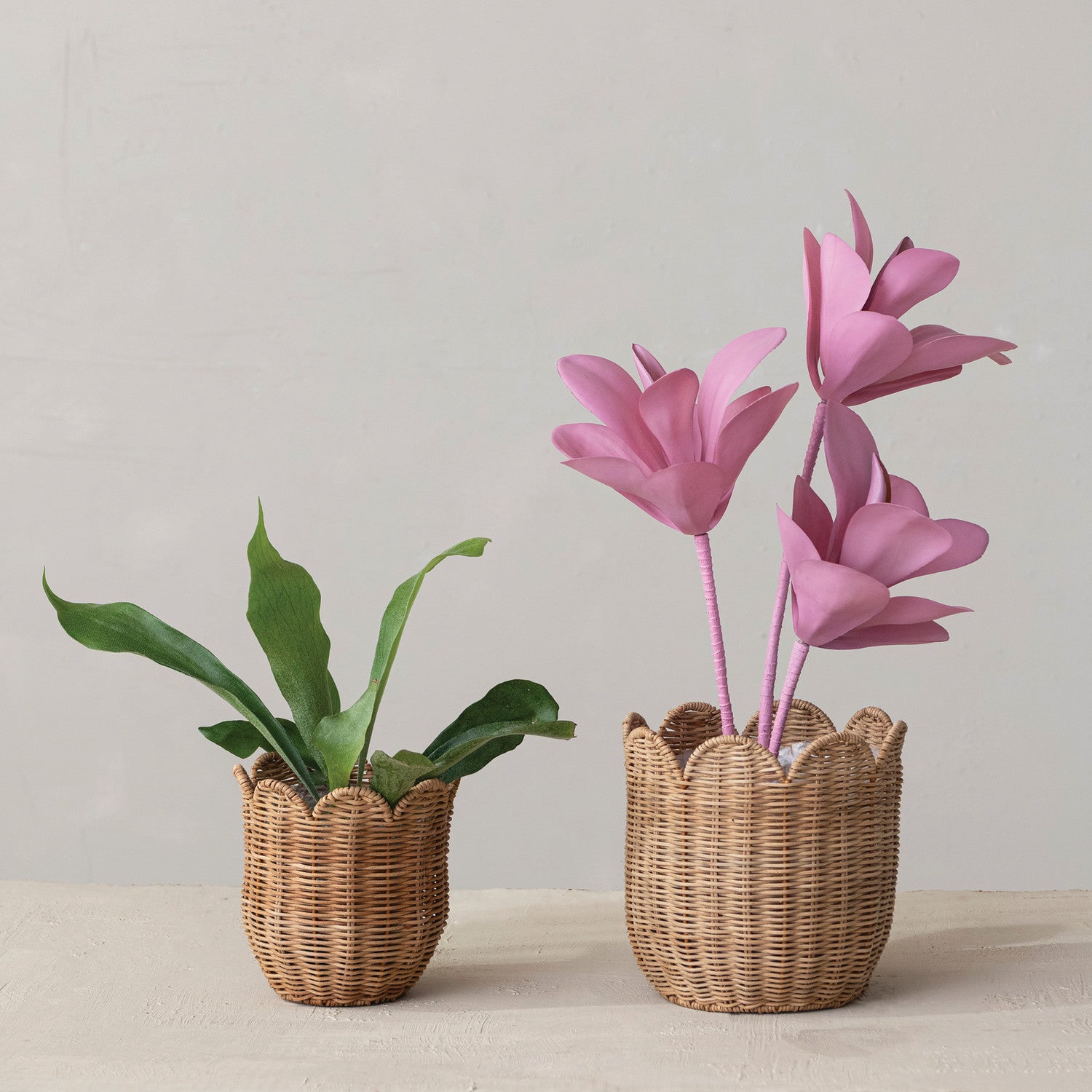 Hand-Woven Rattan Scalloped Planters with Plastic Lining