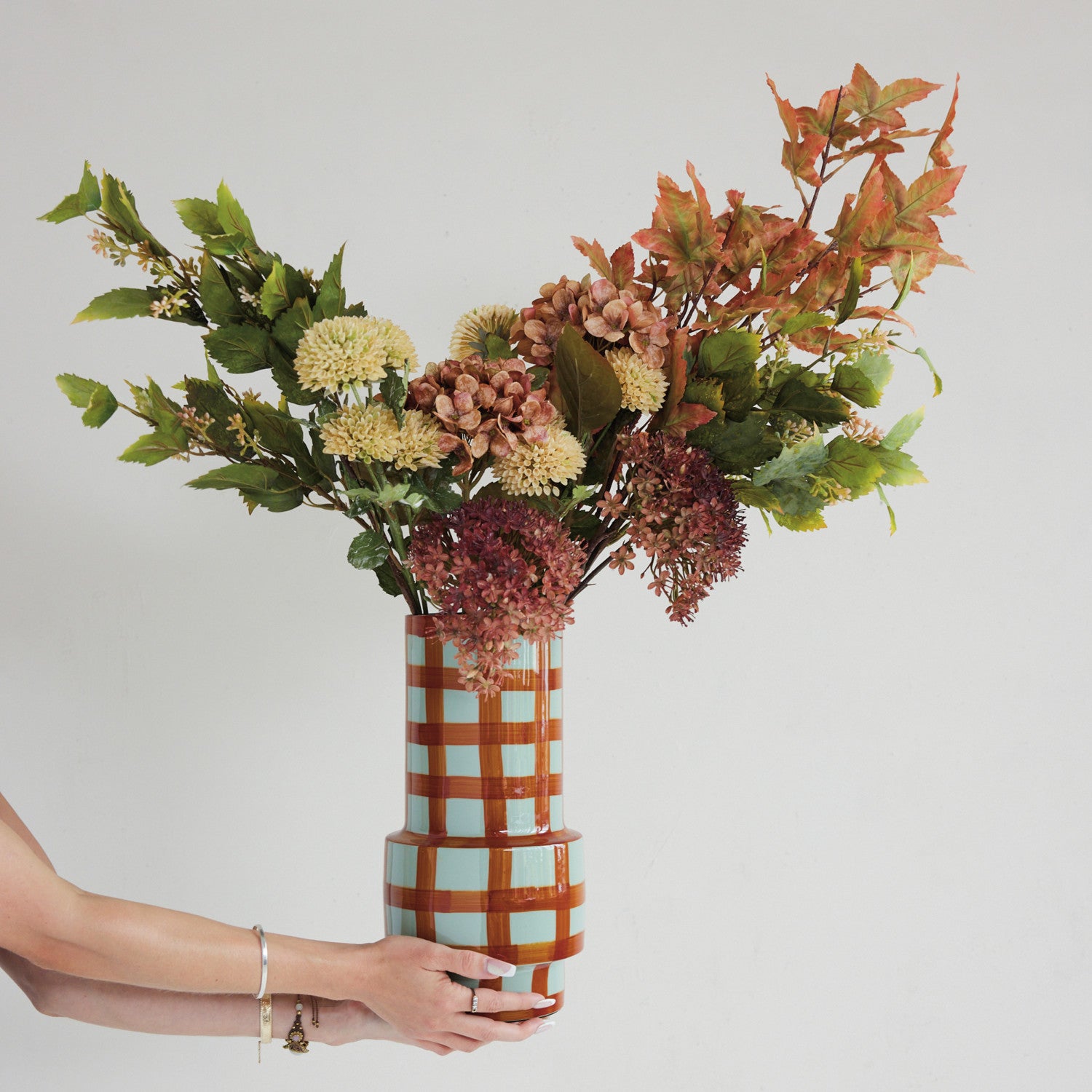 Enameled Metal Vase with Grid Pattern, Light Blue & Rust Color