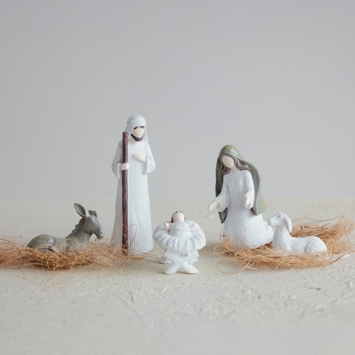 Resin Holy Family with Donkey & Sheep, White & Brown, Set of 5