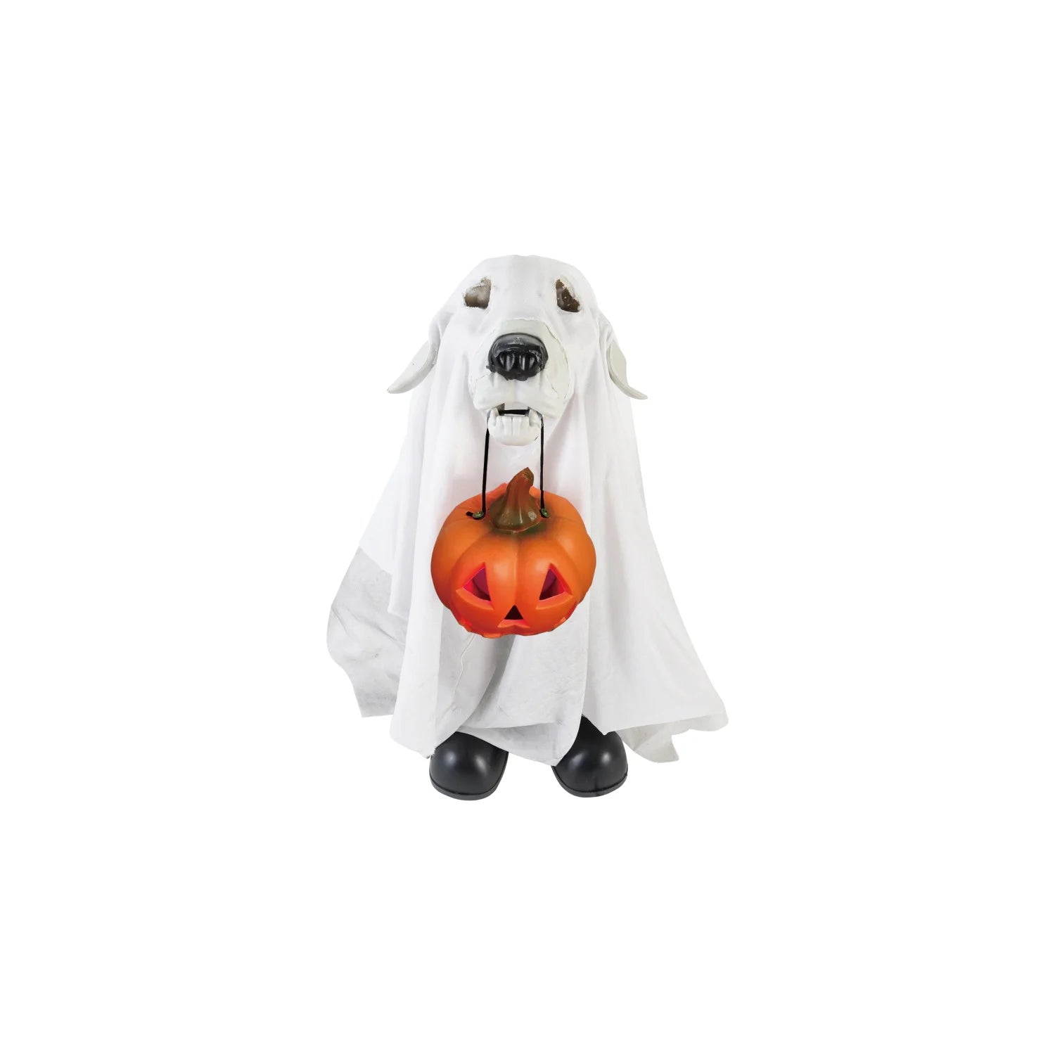 Plastic Skeleton Dog in Ghost Sheet with LED Jack-O-Lantern Light (Batteries Included)
