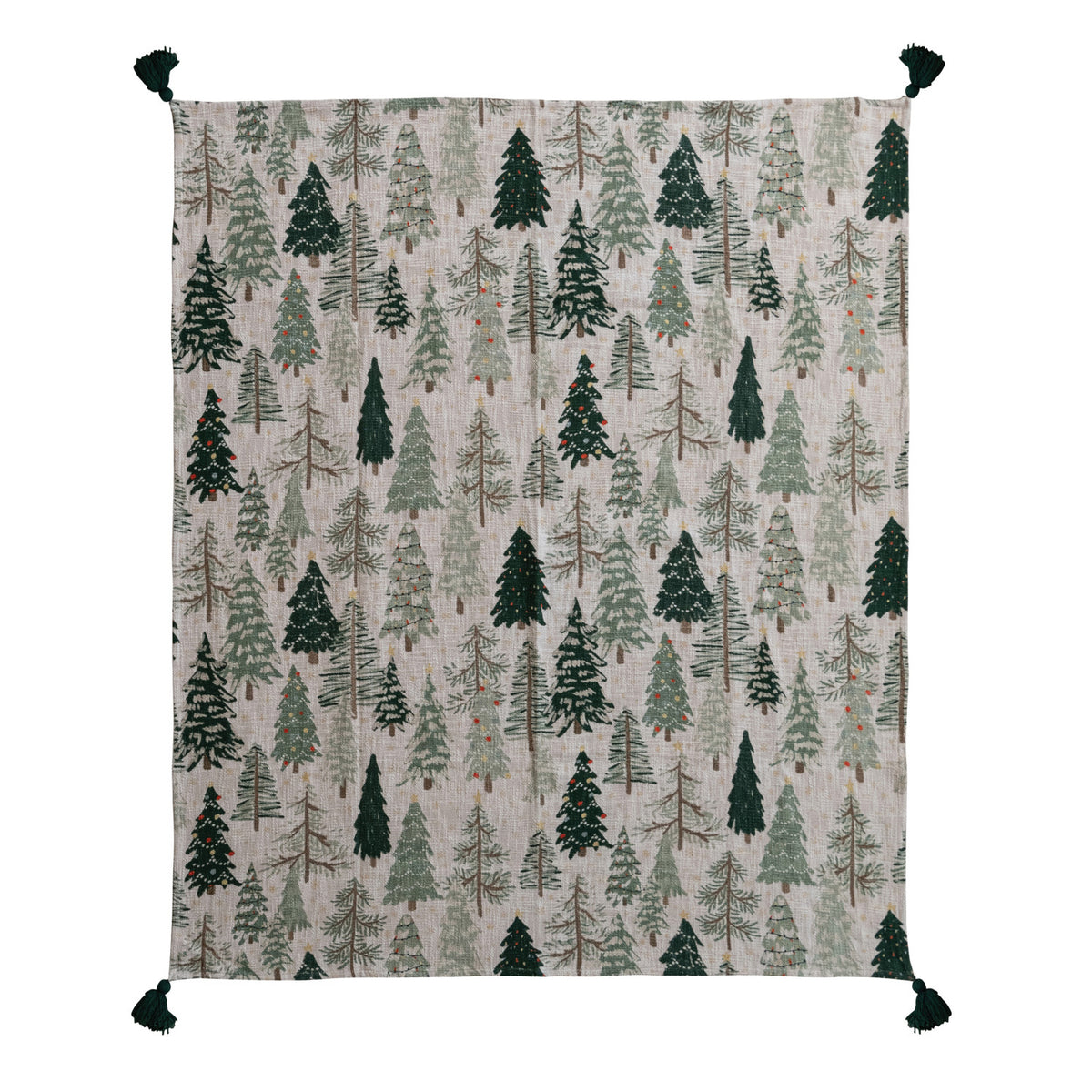 Cotton Printed Throw with Tree Pattern & Tassels