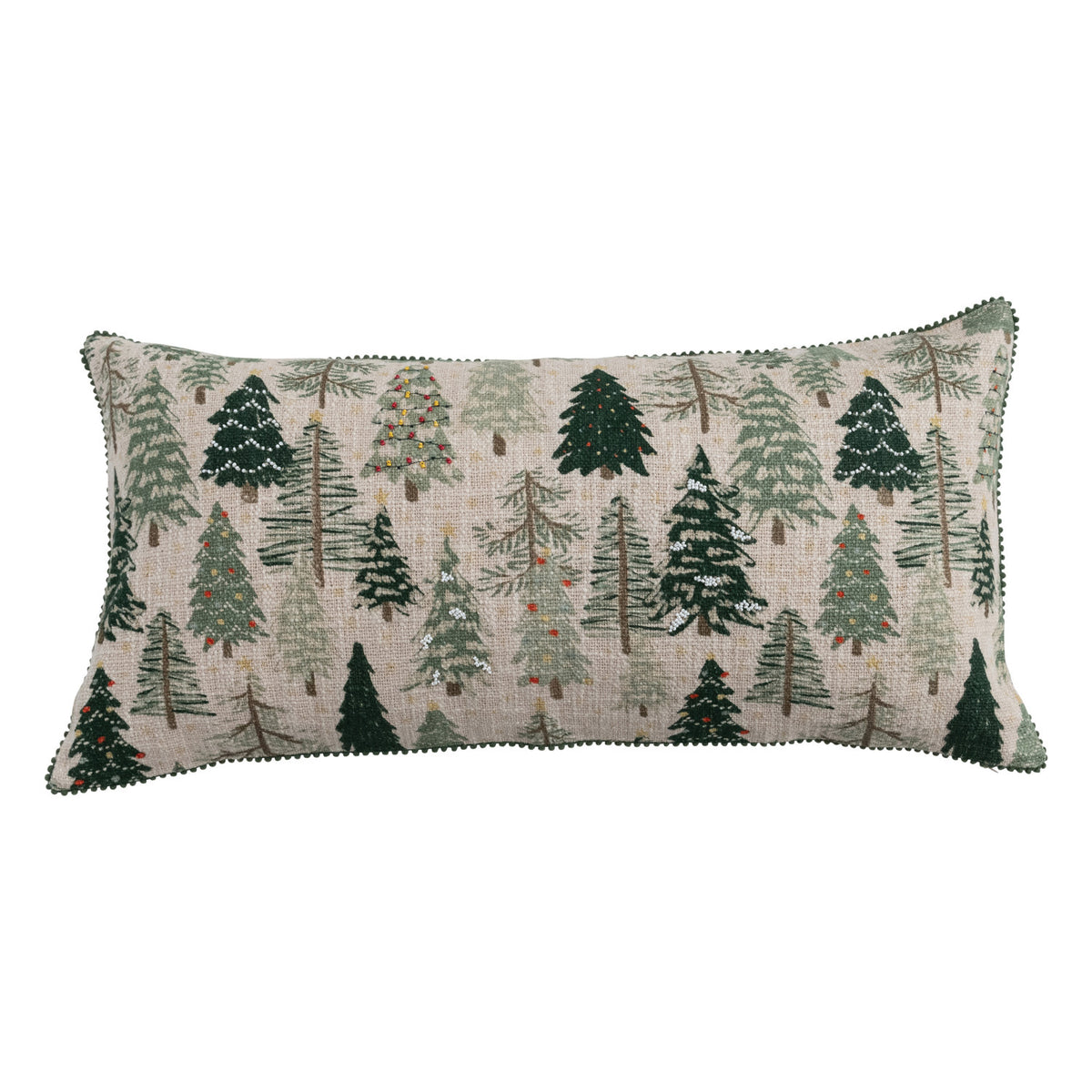 Cotton & Linen Slub Printed Lumbar Pillow with Tree Pattern, Beads & Mini Pom Pom Trim