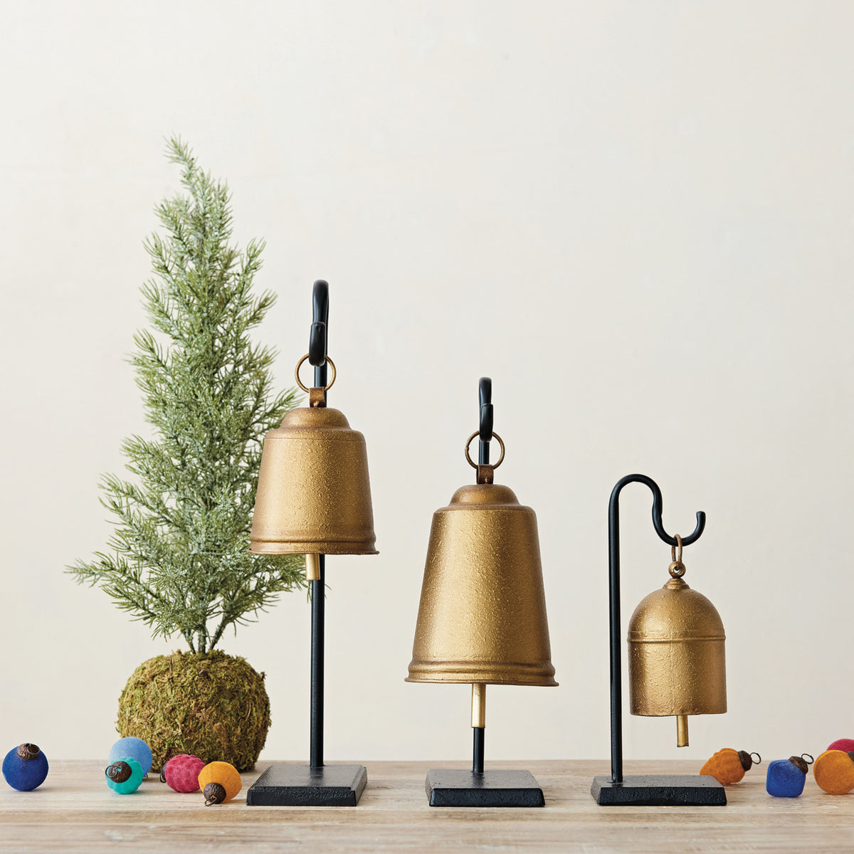 Short Metal Bell with Stand, Antique Gold Finish & Black