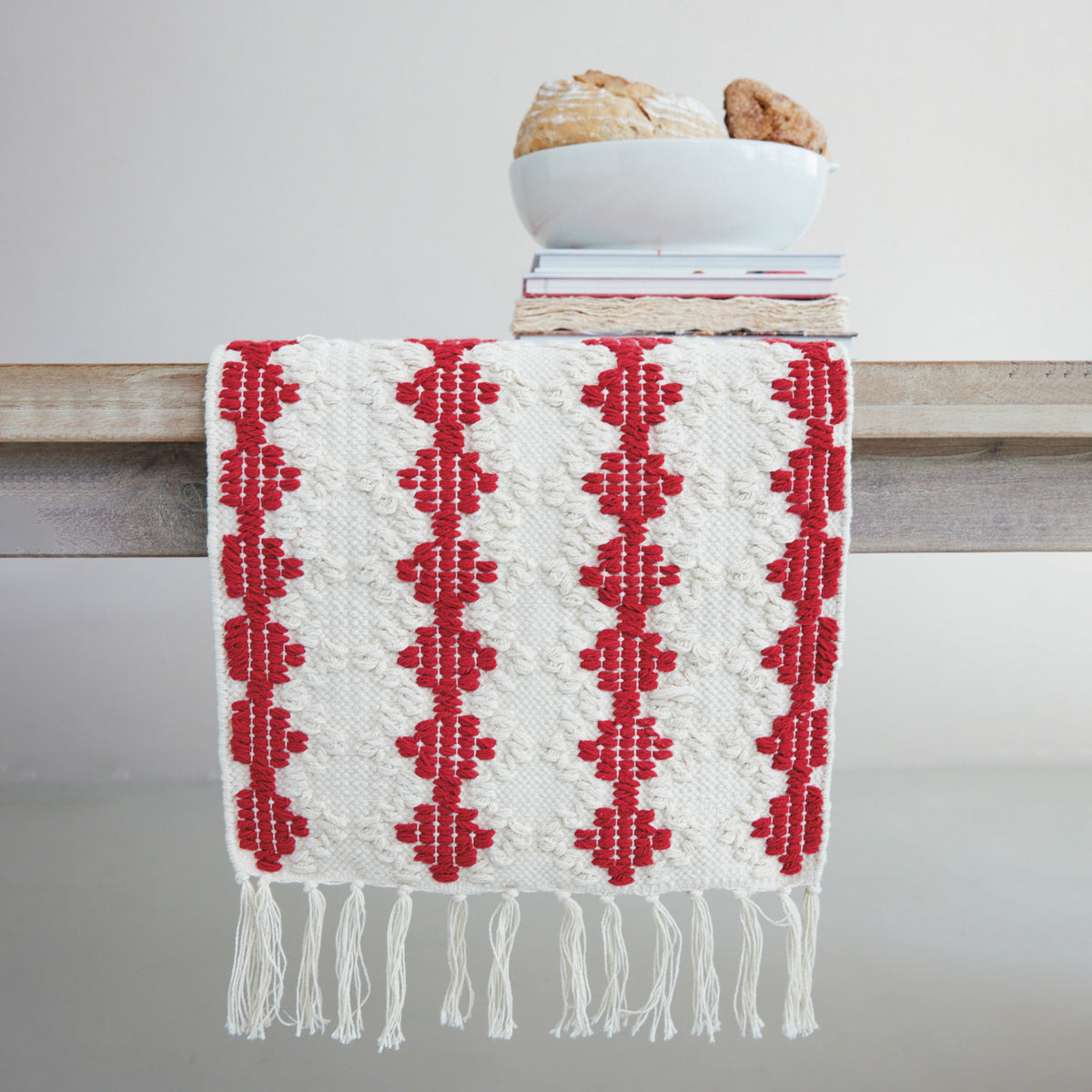 Woven Cotton Tufted Table Runner with Diamond Pattern & Tassels