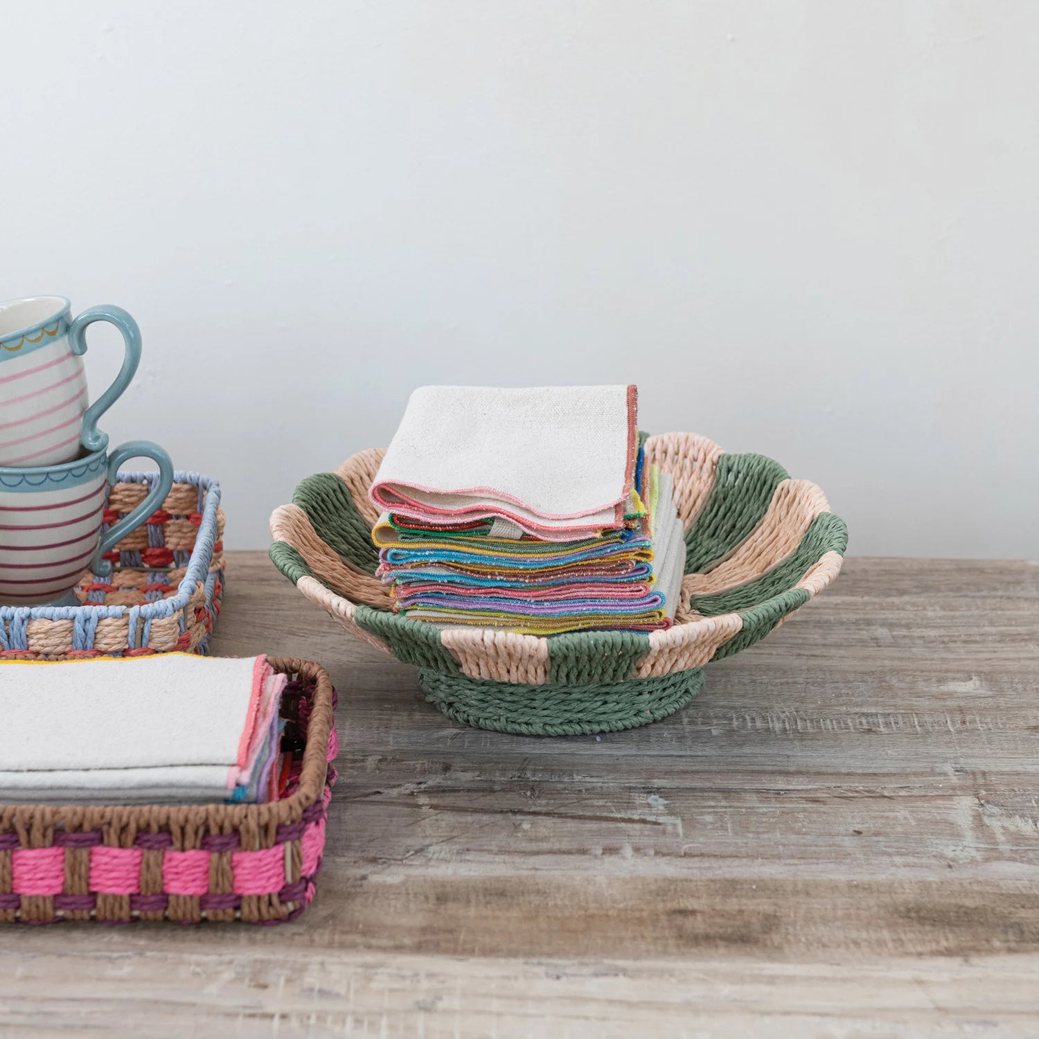 Decorative Woven Paper Rope Scalloped Footed Bowl with Stripes