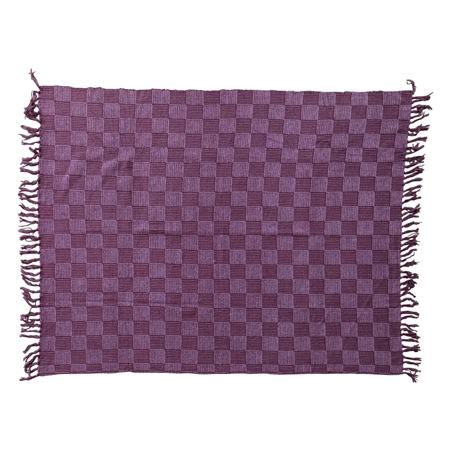 Woven Cotton Blend Chenille Throw with Check Pattern & Fringe