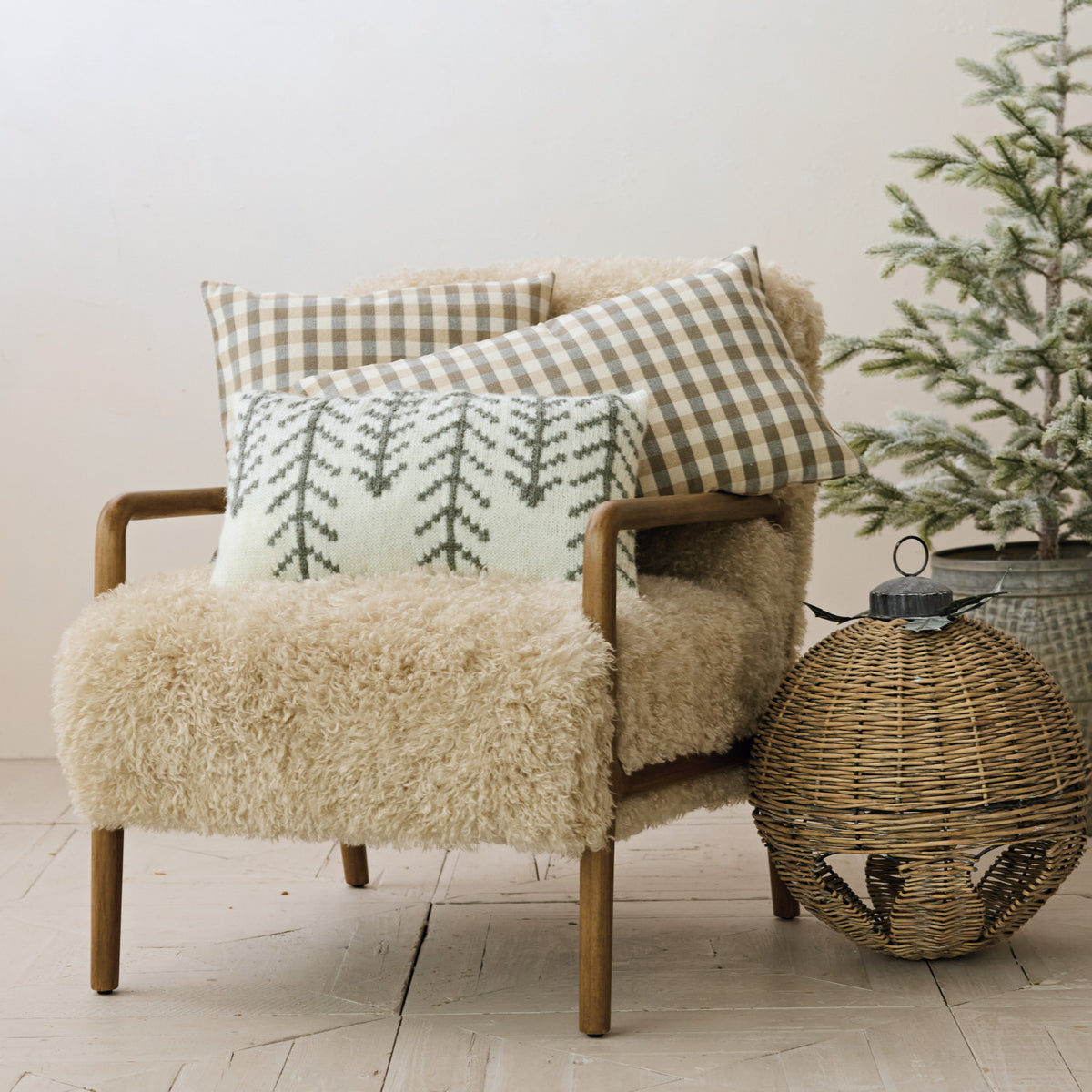 Acrylic Knit Lumbar Pillow with Woven Trees & Cotton Slub Back & Grey