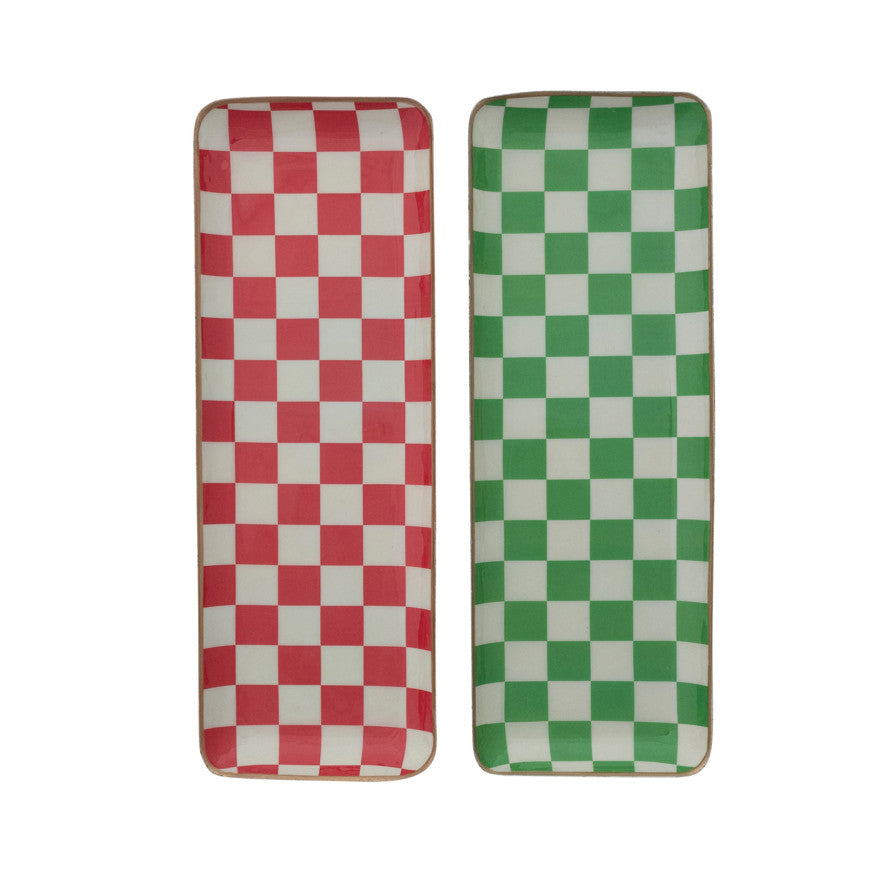 Enameled Metal Tray with Check Pattern & Gold Edges Green or Red