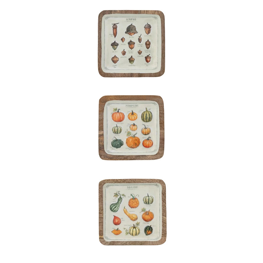 Enameled Mango Wood Trays with Acorns/Pumpkins/Squash