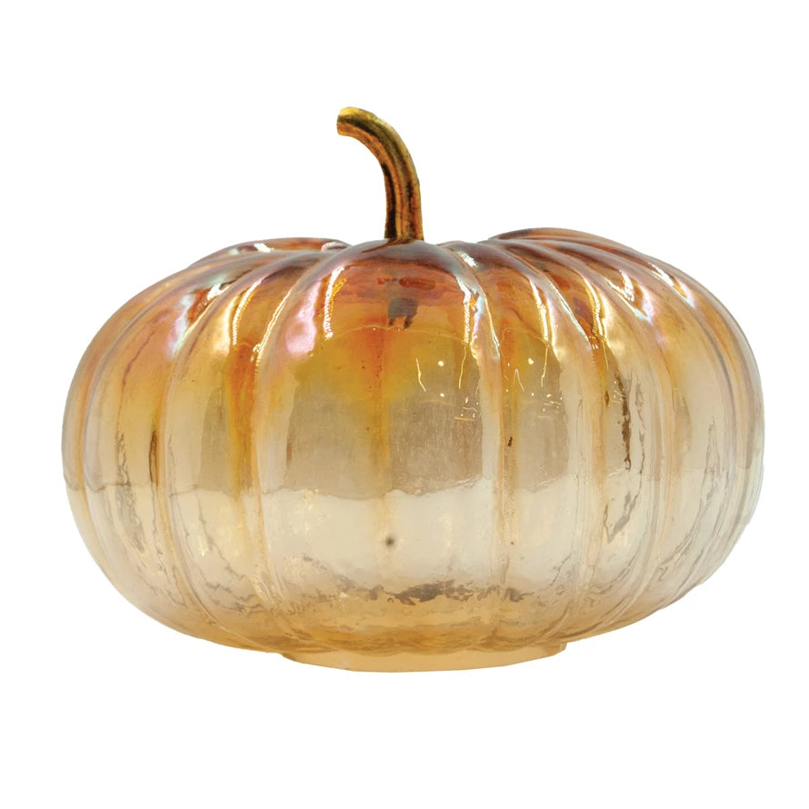 Glass Pumpkin with Brass Stem, Iridescent Finish