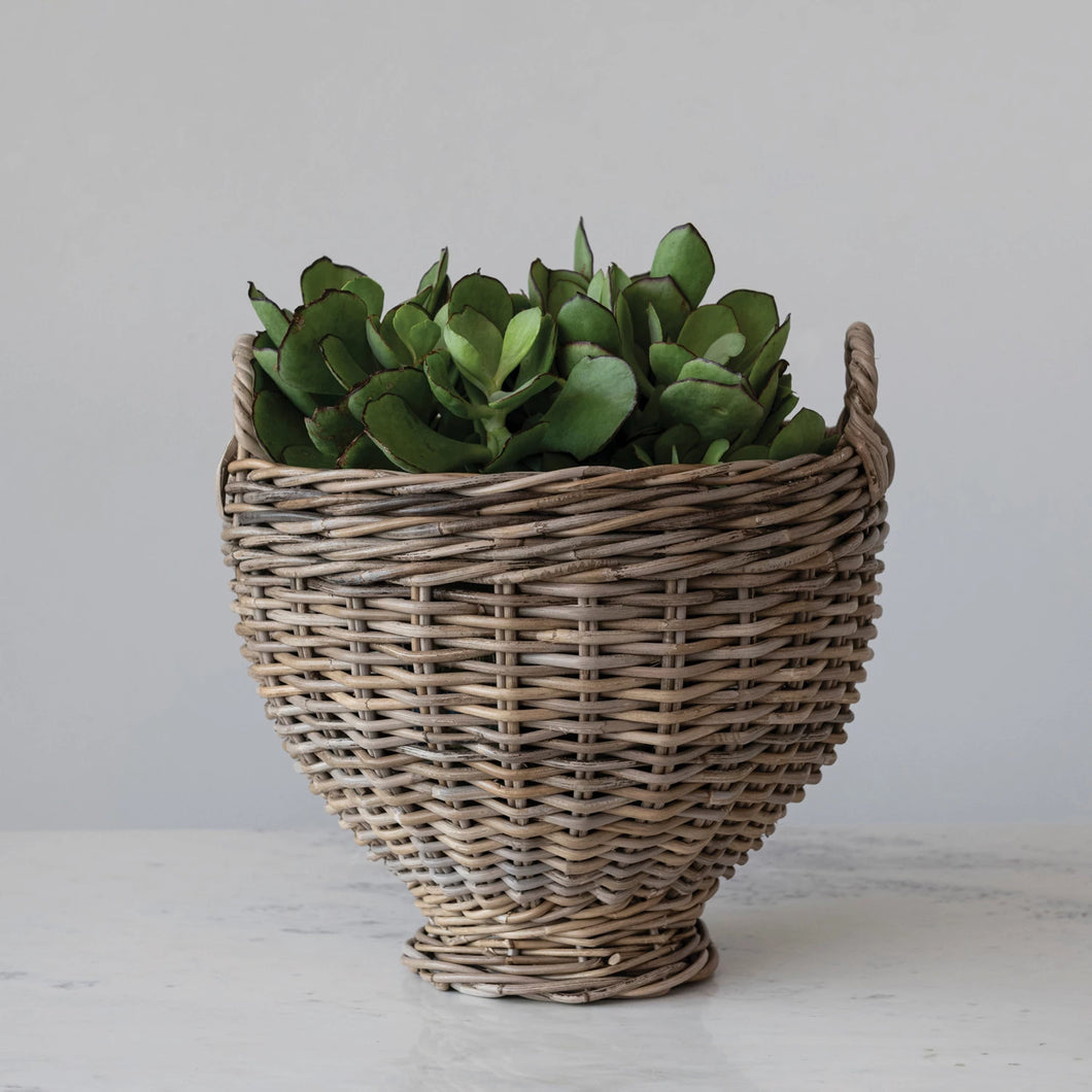 Hand-Woven Rattan Footed Basket w/ Handles