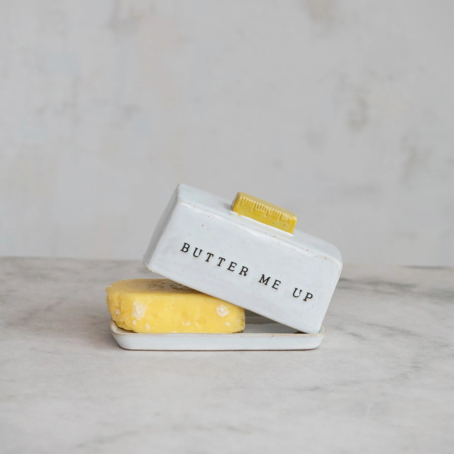 Stoneware Butter Dish w/ Debossed "Butter Me Up", Reactive Glaze