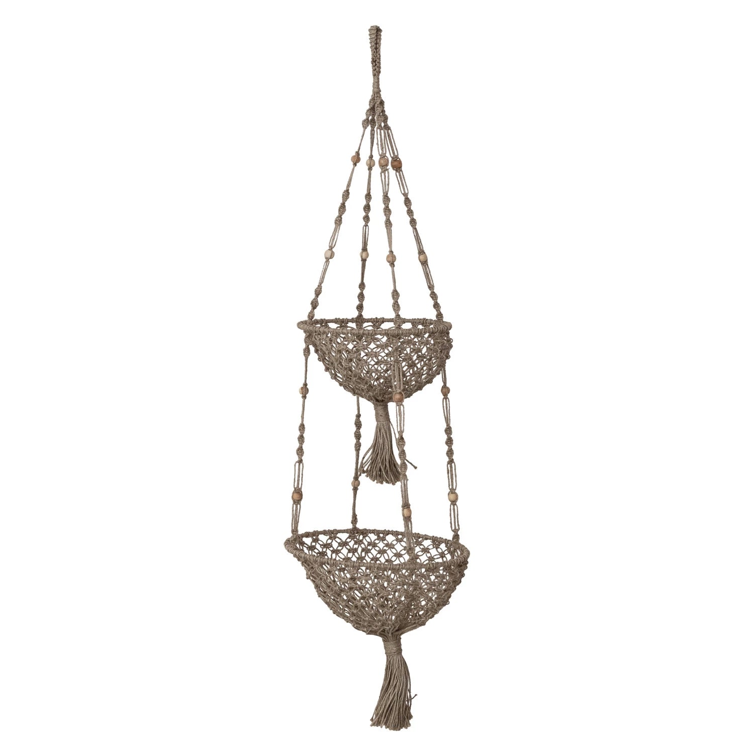 Hand-Woven Jute Macrame 2-Tier Basket with Mango Wood Beads & Tassels