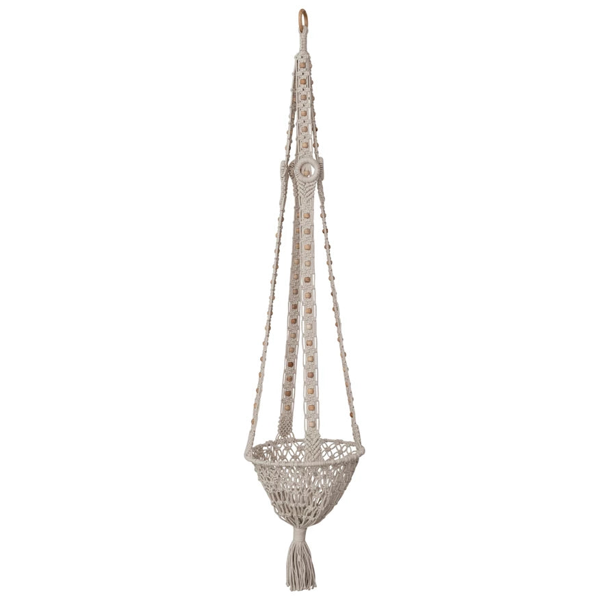 Cotton Macrame Plant Hanger with Wood Beads & Tassel