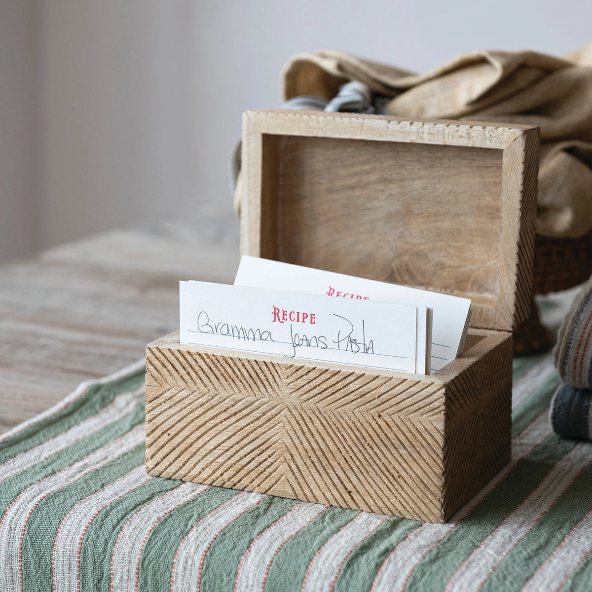 Hand-Carved Mango Wood Recipe Box with 25 Recipe Cards
