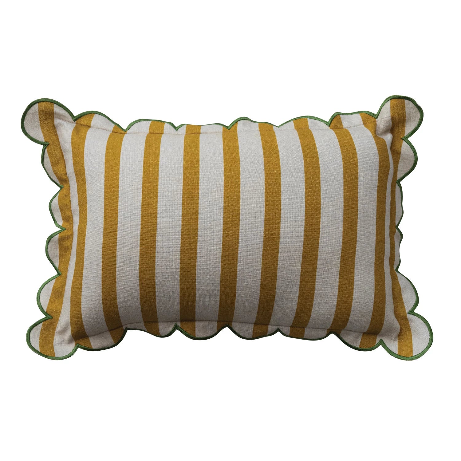 Cotton Striped Lumbar Pillow with Scalloped Flange & Contrasting Stitched Edge & Green