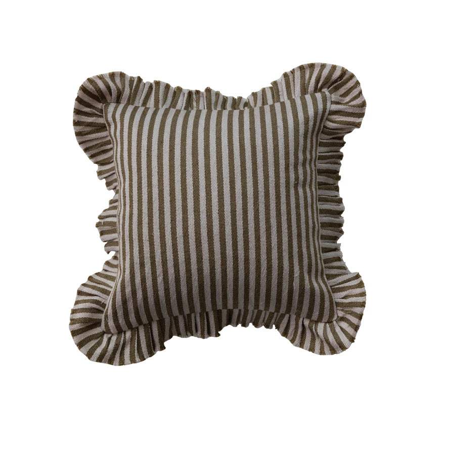 Square Woven Fabric Indoor/Outdoor Pillow with Stripes & Ruffle