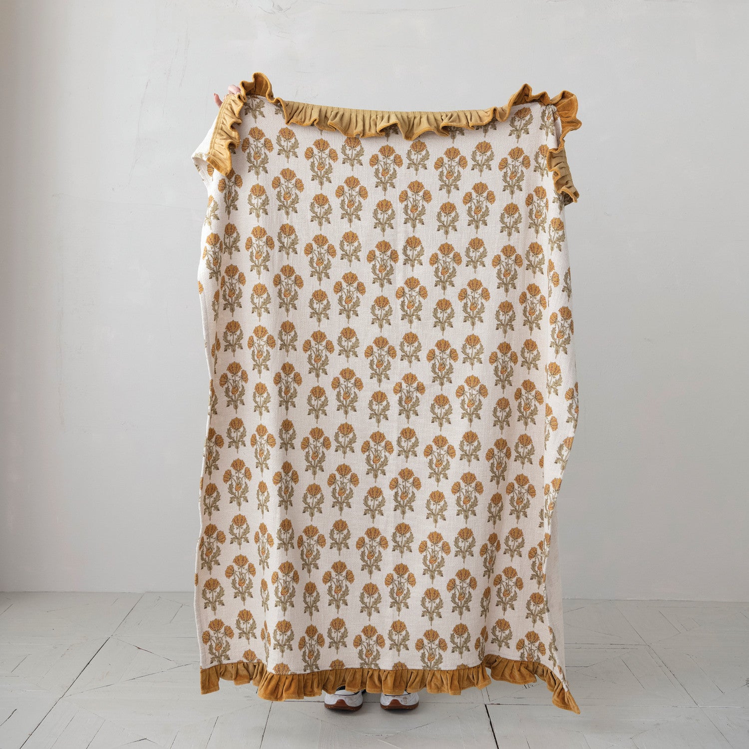 Cotton Slub Printed Throw with Velvet Ruffle