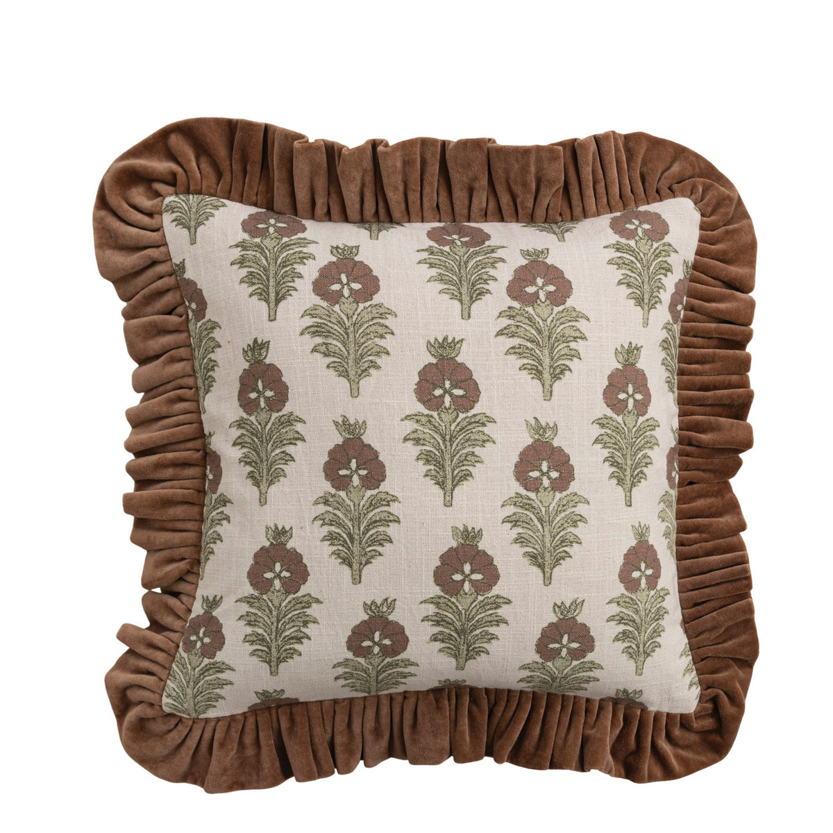 Square Cotton Slub Printed Pillow with Brown Velvet Ruffle