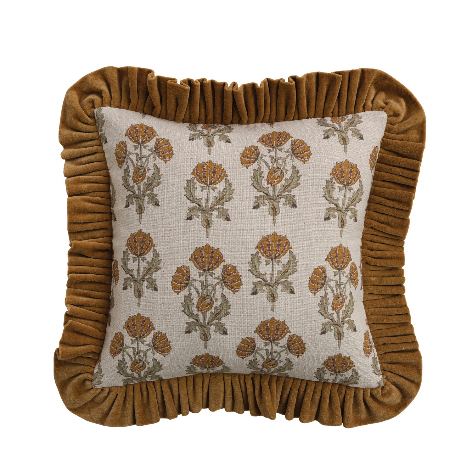 Square Cotton Slub Printed Pillow with Brown Mustard Ruffle
