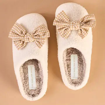 Fuzzy Slippers with a Gingham Bow