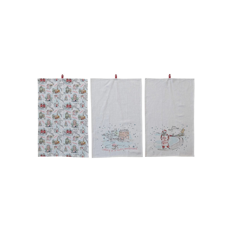Cotton Printed Tea Towel w/ Holiday Scene/Pattern, Saying & Loop
