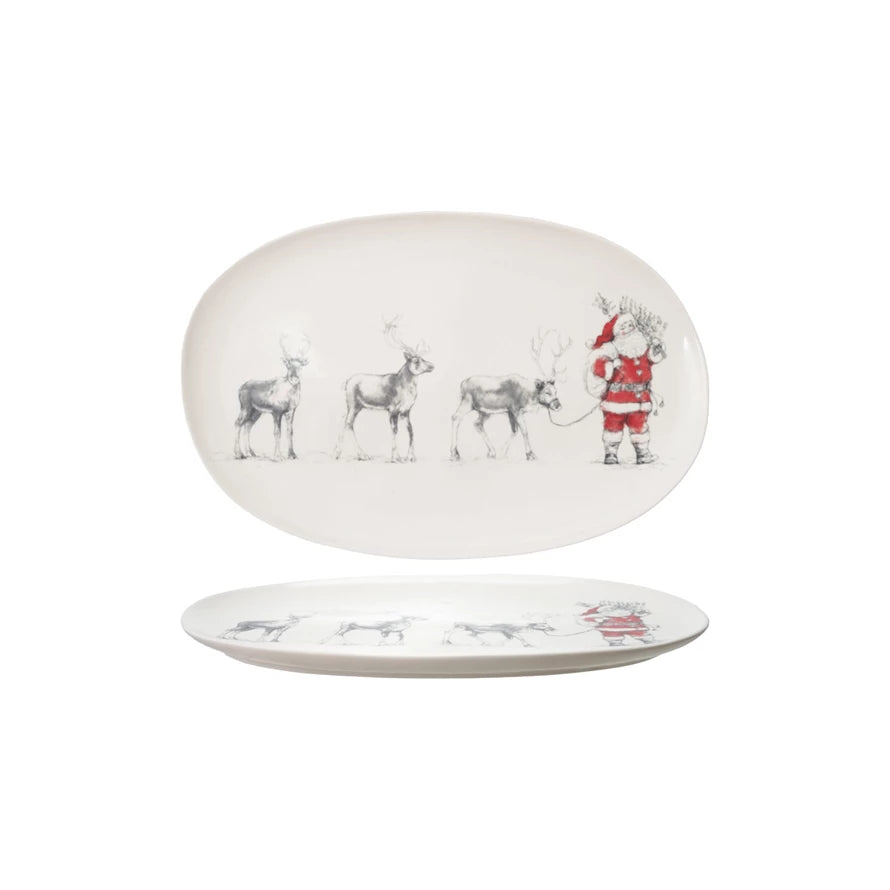 Oval Stoneware Serving Platter with Santa Leading Reindeer Image