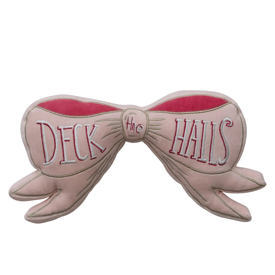 Velvet Bow Shaped Pillow with Hand-Embroidered "Deck The Halls"
