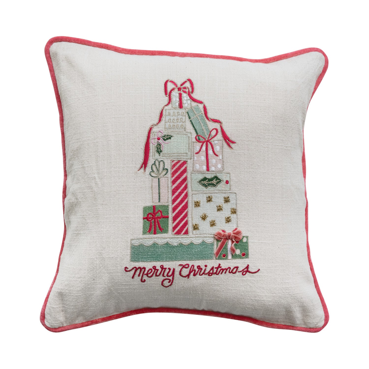 Square Pillow with Gifts, Embroidery, Piping & Velvet Back
