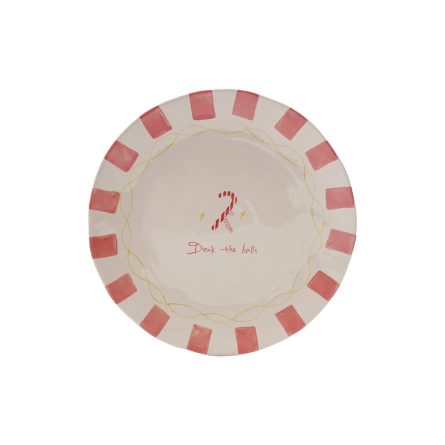 Hand-Painted Stoneware Plate with Candy Canes "Deck the Halls"