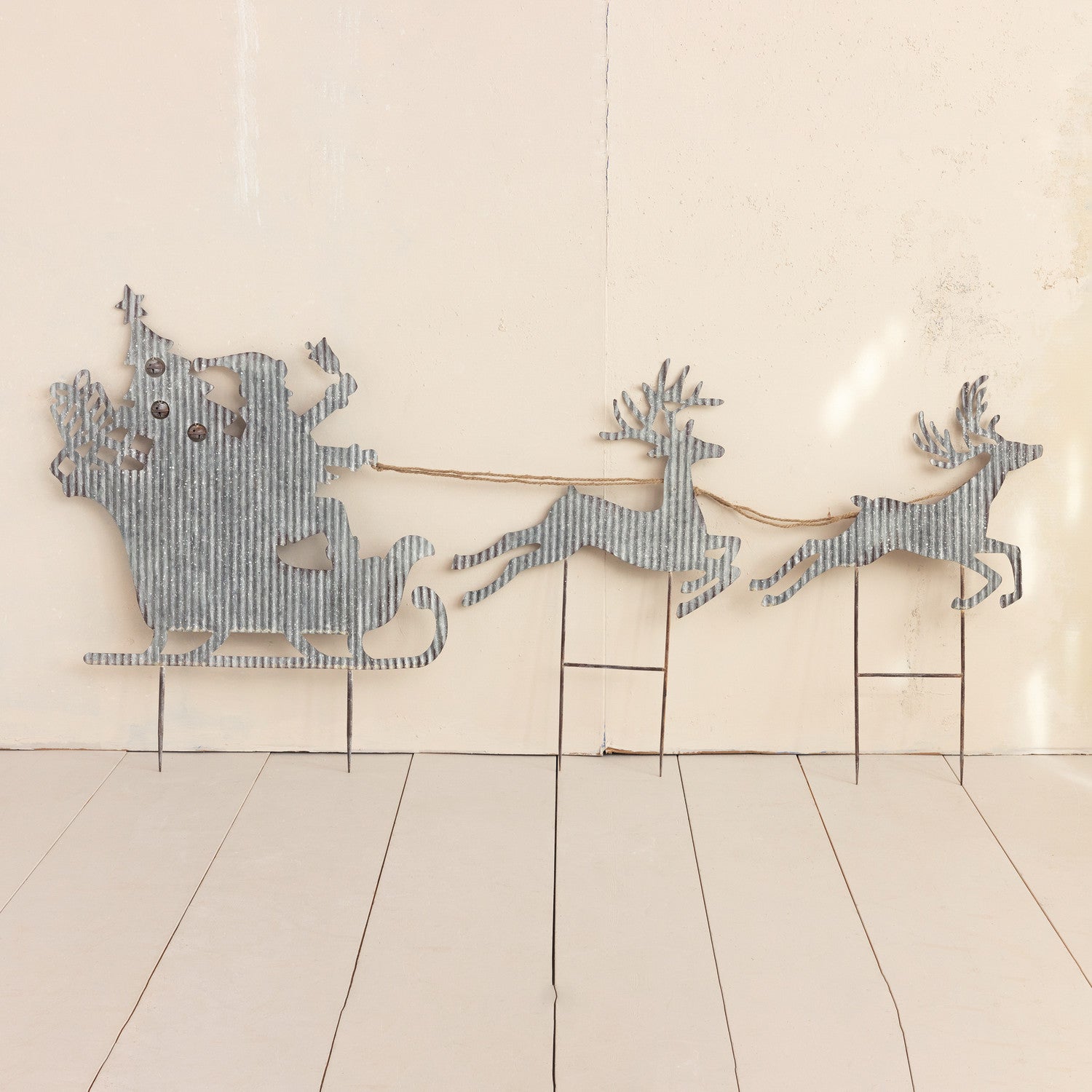 Metal Yard Stake with Santa In Sleigh, Reindeer & Jingle Bells