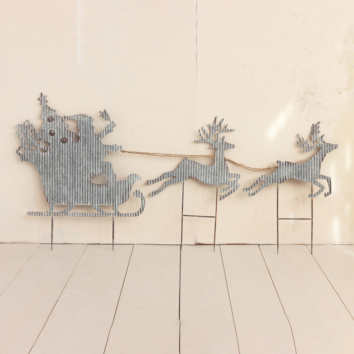 Metal Yard Stake with Santa In Sleigh, Reindeer & Jingle Bells