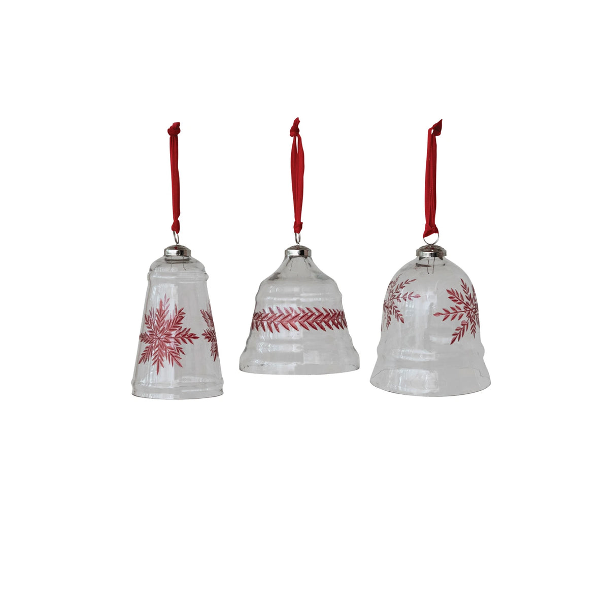 Hand-Blown Etched Glass Bell Shaped Ornament with Red Velvet Ribbon