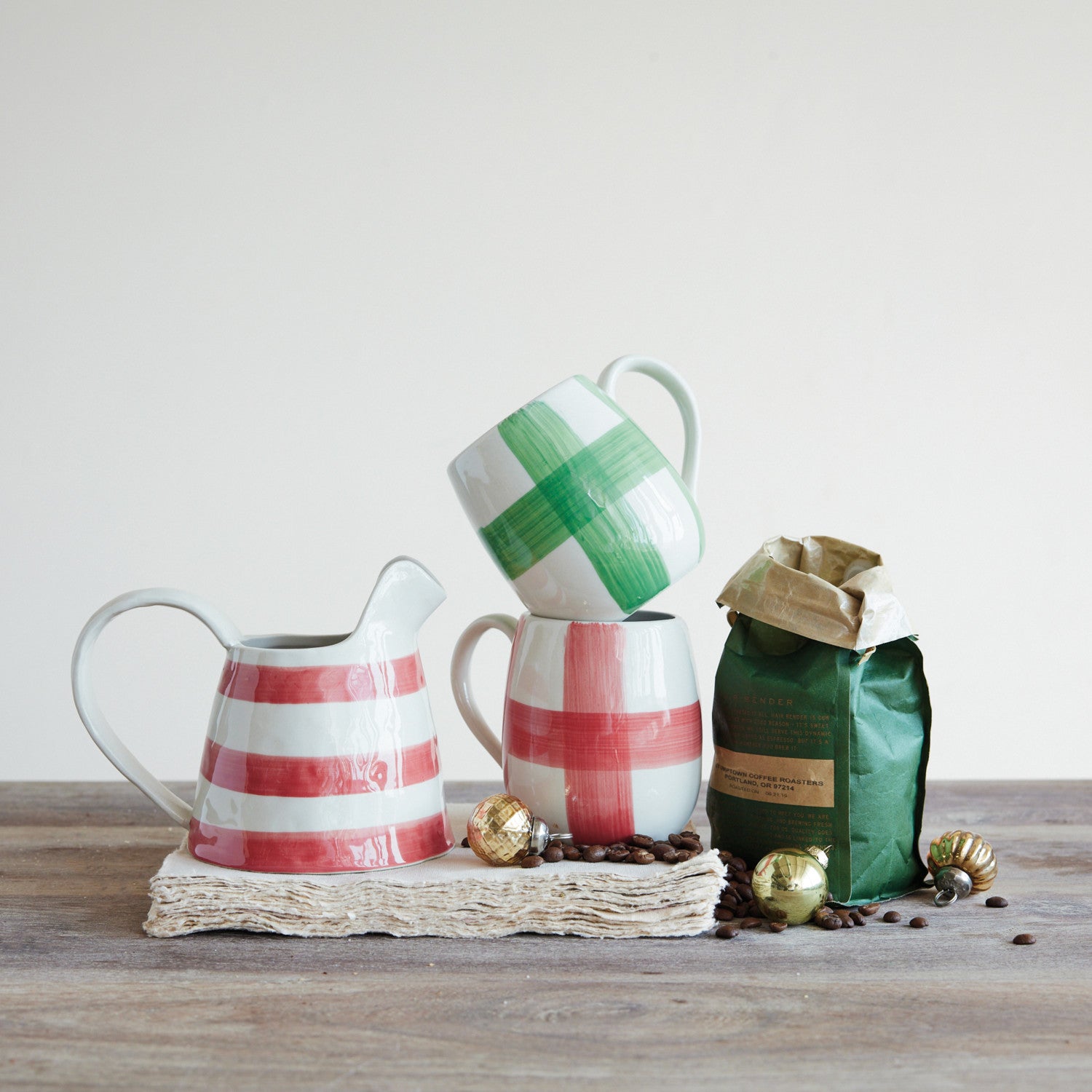 Hand-Painted Stoneware Mug with Plaid Pattern