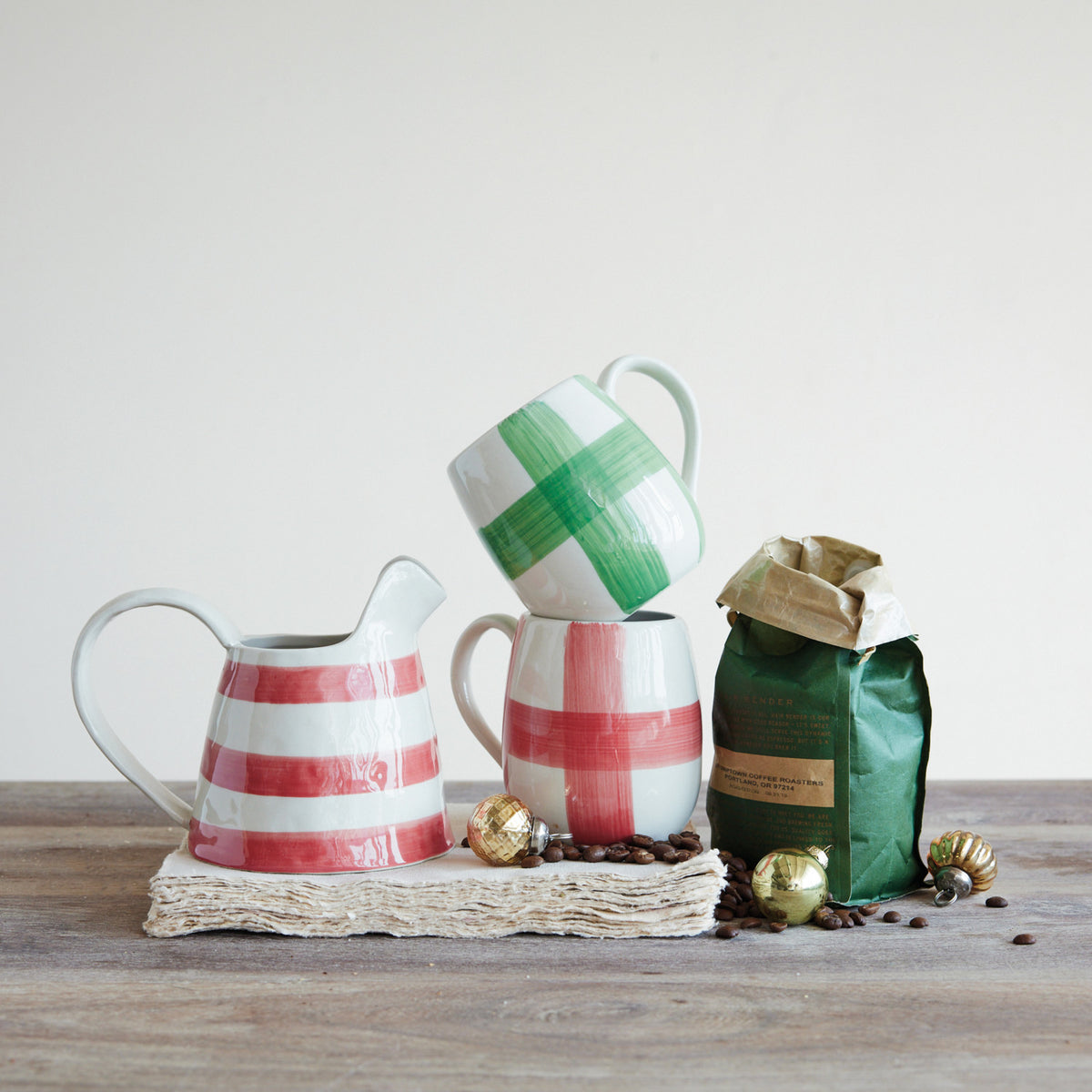 Hand-Painted Stoneware Mug with Plaid Pattern