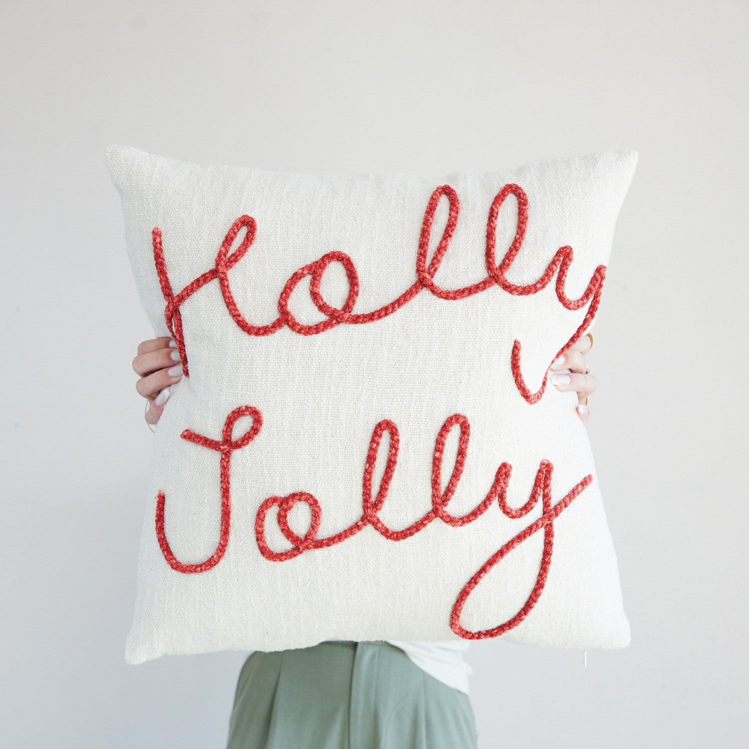 Square Cotton Pillow with Embroidered "Holly Jolly"